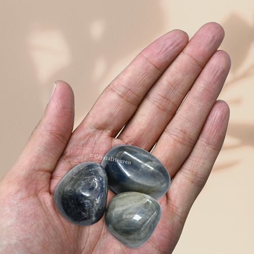 Image of Certified Blue Sapphire Crystal Healing Tumbled Stone, Natural Polished Crystals for DIY Crafts, Manifestation, Meditation, Pooja Feng Shui and Reiki Healing (30 Grams)