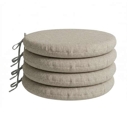 PIND Pack 4 Cojines Redondos para Sillas 40x40 con Relleno de Espuma, Funda Efecto Lino Transpirable con Lazos de Sujeción. Ideal para Sillas de Cocina, Terraza, Oficina. (4, Beige)