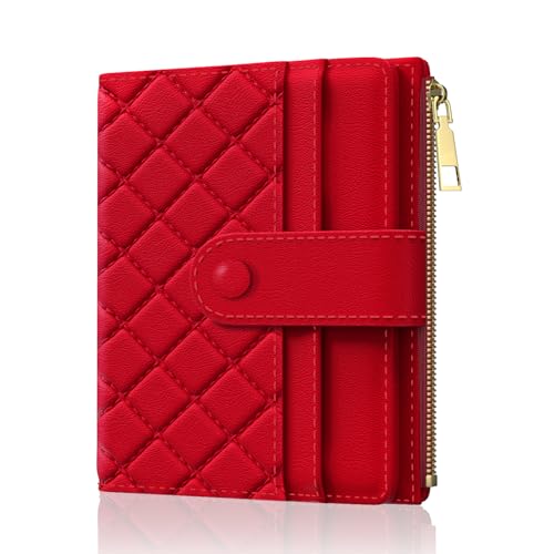 Womens Wallet, RFID Small Slim Wallets for Women, Compact Credit Card Holder, Cute Leather Bifold Ladies Purse with Zipper Coin Pocket and ID Window, Red