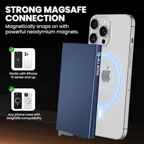 Image of CODE 118 Wallet for Men - Slim Minimalist Aluminum Magnetic Card Holder - RFID Blocking Front Pocket Mag Safe Wallet with Strong Magnet Attachment (Pacific Blue)