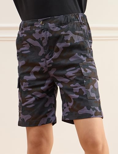 Image of Amazon Brand - Symbol Boy's Graphic Print Oversized Fit T-Shirt and Cargo Shorts (KD-TSB-SS25-10 (6-14 yrs) Black + Navy Camo 8-10 Y)