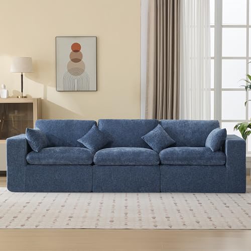 115''Cloud Boneless Sectional Couch, Modular Sectional Sofa Deep Seat, Oversized Upholstered Convertible Comfy 3 Seater Chenille Memory Foam Sofa Couches for Living Room, Blue