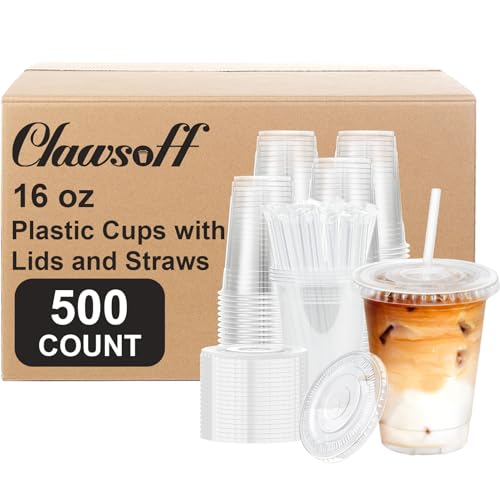 Clawsoff 16 oz 500 Count Disposable Plastic Cups with Lids and Straws Clear