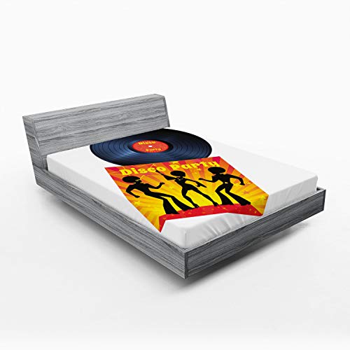 Ambesonne Vinyl 2 Pack Fitted Sheet, Record Cover Disco Party, Bed Cover All-Round Elastic Deep Pockets 2 Pieces, Package Contains 2 Full Size Fitted Sheets, Orange Yellow White