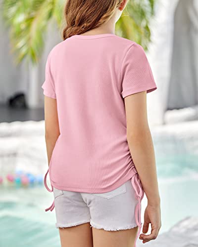 Image of Imily Bela Girls Tees Shirts Cute Crew Neck Short Sleeve Side Drawstring Solid Tops Kids Children Summer Clothes