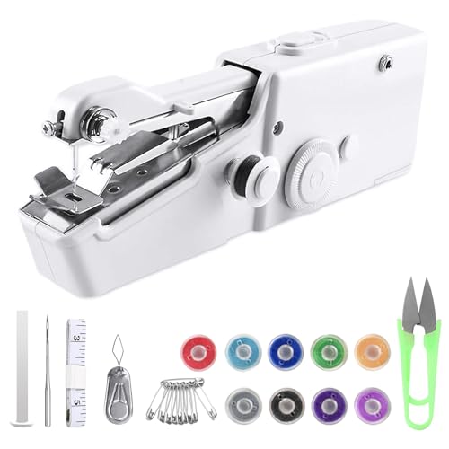 Handheld Sewing Machine, White Mini Sewing Machine with Sewing Accessories, Small Stitching Machine for Beginners, Portable Sewing Tool for Clothes, Fabrics, DIY Home Travel
