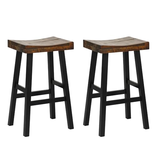 ERGOMASTER Wooden Saddle Bar Stools Set of 2, 29-inch Bar Height Backless Rustic Barstools for...