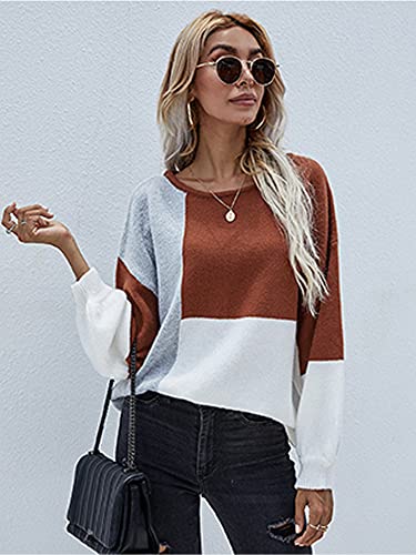 Image of ECOWISH Women Sweater Long Sleeve Color Block Knit Pullover Sweaters Crew Neck Patchwork Casual Loose Jumper Tops