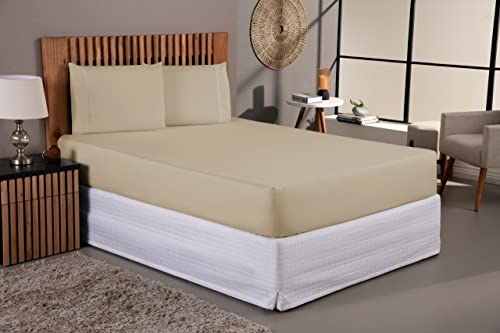 Jogo De Lençol 400 Fios Percal Poliéster Liso Toque Macio com Elástico Diversos Tamanho Solteiro Casal Queen King Size (Casal, Avelã)