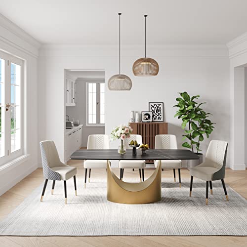 Povison Modern Dining Table, 63 Inch Black Dining Room Table For 6, Sintered Stone Table Top, Rectangular Pedestal Dining Table With Gold Carbon Steel Base For Kitchen & Dining #TOP2