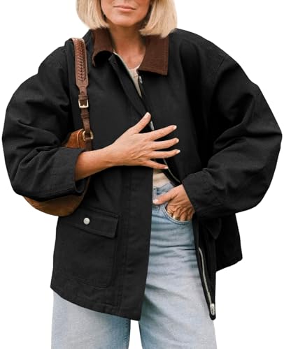 Tankaneo Womens Oversized Barn Jacket Zip Up Military Safari Jackets Fall Color Block Vintage Trench Coat with Pockets