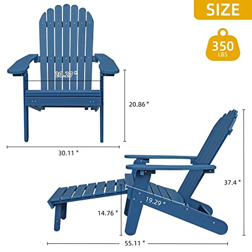 Dwvo Adirondack Chair, Weather Resistant Poly Resin Fire Pits Chair, Wood Grain Polystyrene Outdoor Chairs With Pullout Footrest For Patio Pool Deck Lawn And Garden, Navy Blue #TOP1