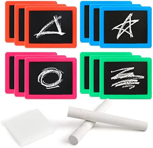 Neon Chalkboard Set for Kids - (Pack of 12) 1 Mini Chalk Board with 2 Chalk Sticks, 1 Eraser, Art Birthday Party Favors for Boys and Girls, Stationery Goodie Bag Fillers, Kids Prizes, Assorted Colors