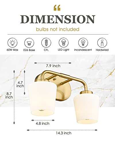 Image of Brushed Gold Bathroom Vanity Light, Farmhouse Brass Sconces Wall Lighting with Milk White Glass, Champagne Bronze Light Fixture Over Mirror, AD-22004-2W-GD