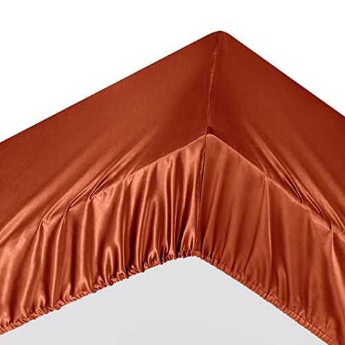 Image of Ersmak 7 Pieces Satin Sheets Set Queen Size, Luxury Silky Rust Orange Satin Bed Sheets Set with 1 Deep Pocket Fitted Sheet, 1 Soft Flat Sheet, 4 Queen Pillowcases and 1 Body Pillowcase