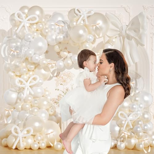 Image of Pearl White Balloon Arch Kit,JOGAMS 178Pcs Bow Balloon Arch Kit with 260 Clear Balloons Beige Ribbon Bow for Coquette Bow Theme Birthday Wedding Baby Shower Bachelorette Bridal Shower