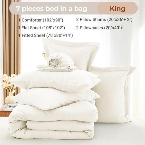 MUXHOMO 7 Pieces King Comforter Set, Soft Bed in a Bag King Size, All Season Bedding Set with Comforter, Flat Sheet, Fitted Sheet, Pillowcases & Shams, Ivory