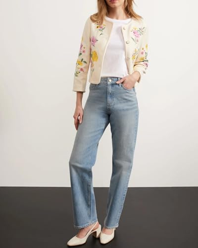 Women's Embroidered Floral Tweed Jacket Cropped Collarless Lightweight Open Front Elegant Jackets4