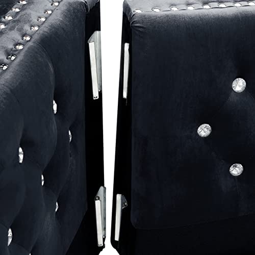 Homsof 59.4" Width Modern Velvet Sofa Jeweled Buttons Tufted Square Arm Couch With 2 Pillows, Black(2 Seater) #TOP6