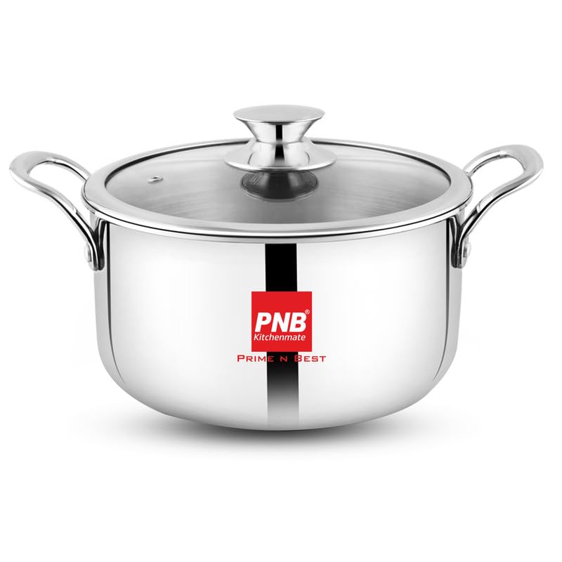 Image of PNB Kitchenmate Triply Cookpot with Glass Lid, 24cm, 5.5 LTR, 2.5mm Extra Thick Stainless Steel Casserole, Induction & Gas Compatible, 5 Years Warranty, Silver