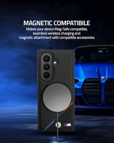 Image of CG MOBILE BMW [Official Licensed] M Collection | Magnetic System, PU Leather & Carbon Case | Tricolor Stripe & Metal Logo Protective Case /Cover Designed for Galaxy Z Fold 7 - Black