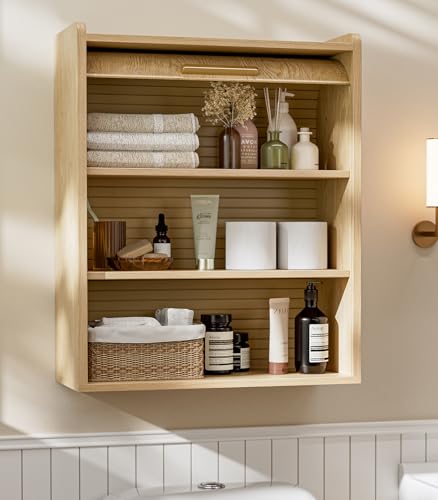 Image of ZttRiee Bathroom Wall Cabinet, Medicine Cabinet with Roll-Up Door & 3 Shelves, Over The Toilet Wall-Mounted Storage Cabinet, Natural
