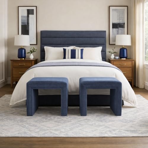 Image of HomePop 19 inch Modern Channel Tufted Ottoman - Blue Woven Fabric