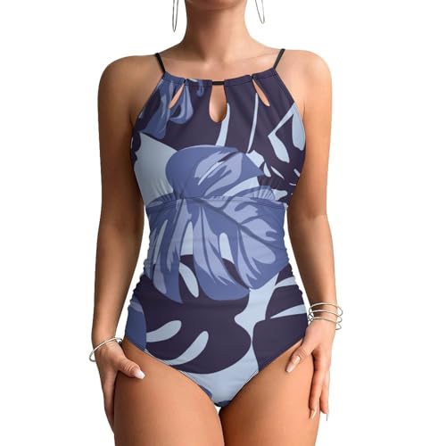 Maillot de bain une pièce femme contrôle ventre imprimé feuilles bleues