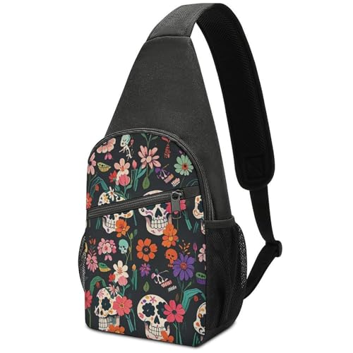 Mochila tipo sling con diseño calavera floral para senderismo miniatura 1