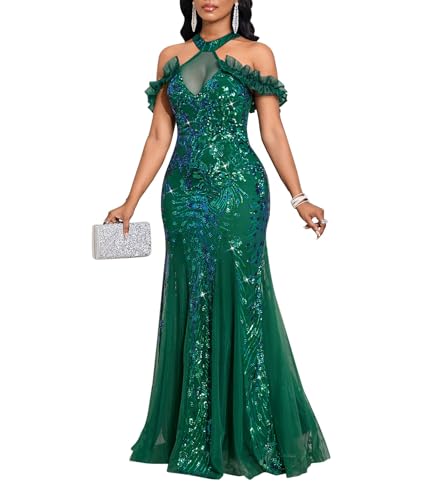 Image of Cololura Women Sexy Sequin Halter Neck Short Sleeve Mesh Perspective Party Bodycon Evening Cocktail Maxi Dress