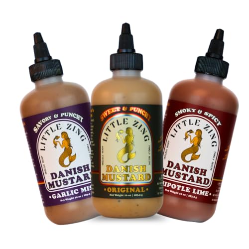 Image of Little Zing Danish Mustard Variety Pack, Original + Garlic Miso + Chipotle Lime, 3 x 10 oz Squeeze Bottles, Drizzle-Ready Gourmet Sauces, No Preservatives, Foodie Gift Set