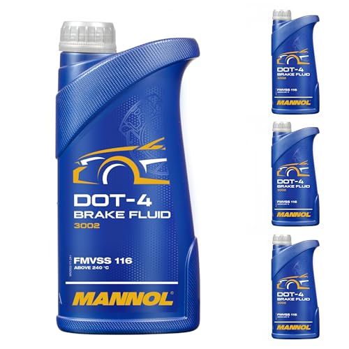 MANNOL | Pack de 4 Fluidos de Frenos Sintético DOT-4 | Envase de 1L | Alto Punto de Ebullición y Protección Anticorrosiva | Compatible con Elastómeros | Ideal para Frenos y Embragues Hidráulicos