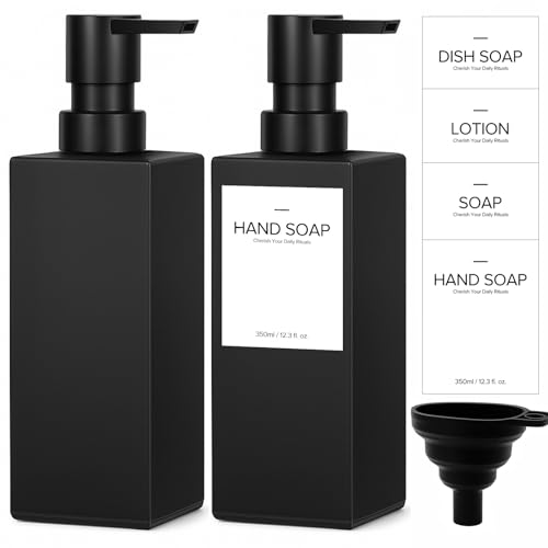 Maxumille 2 Piezas Dispensador de Jabón Baño Vidrio Negro Mate con Etiquetas Impermeables, Dosificador Jabon Cocina Rellenables de 350ml, Botellas Dispensadoras de Jabón de Bombas Vacío para Loción