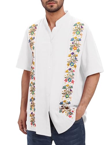Men's Traditional Mexican Guayabera Shirt Short Sleeve Button Down Embroidered Shirt for Cinco De Mayo Shirts