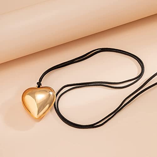 Chunky Heart Necklace For Women ，Big Heart Pendant Choker Necklace Teen Girls Adjustable Velvet Chain Y2K Accessories Jewelry (Gold, Zinc Alloy) #TOP5