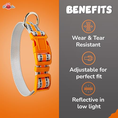 Image of Pawsindia Reflective Collar with Name Tag for Small & Medium Nylon Dogs, 0.75 Inches Wide and Adjustable Length Comes with Customize Name Tag - Orange