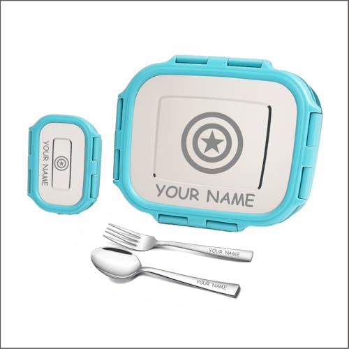 Image of Personalized Tiffin | Customized Lunch Box with Lids | Personalized Stainless Steel Tiffin Box | Your Child's Name and Favourite Character Engraved | for School Students (Blue)