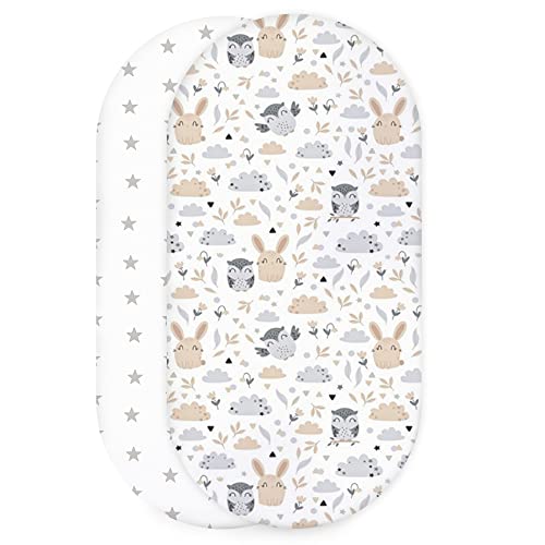 Drap Housse Landau Berceau lit d'appoint Lot de 2 : 38 x 80 cm - Drap Housse Landau Housse de Matelas Coton protège Matelas Hiboux + Étoiles Grises sur Blanc Cover