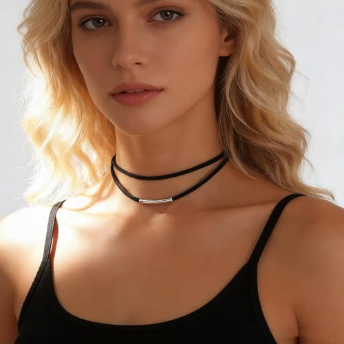 Inateannal Boho Geschichtet Leder Halsband Halskette Schwarz Leder Seil Halskette Silber Bar Halsband Halskettes Kurz Wildleder Schnur Kette Schmuck Für Frauen