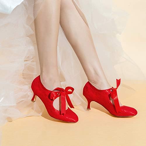 JIAJIA 140311 Women's Bridal Shoes Closed Toe Stiletto Heel Lace Satin Pumps Ribbon Tie Wedding Shoes Color Red,Size 6.5 B(M) US/37 EU | Image 1