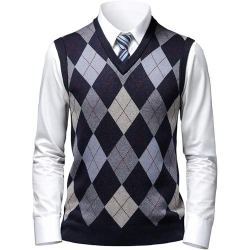 JEShifangjiusu Men's V-Neck Pullover Vest Sweater Wool Blend Rhombus Sleeveless Singlet Ribbed Hem Slim Fit Tank Top4