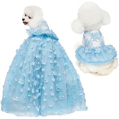 Dog Lace Gold Glitter Dress Princess Tutu Skirt for Small and Medium Girl Dogs Pet Birthday Wedding Bride Party Photography Christmas Halloween (Blue,X-Small) Cover