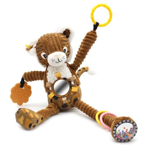 Peluche d'activité Nomade Speculos le tigre LES DEGLINGOS ocre de 36 cm pour l'éveil dès la naissance