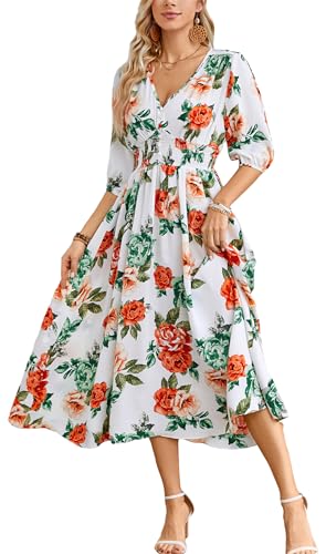 Image of Kormei Women Casual Boho V Neck 3 /4 Sleeve Smocked Waist A Line Flowy Swing Midi Dress Smocked Long Dress