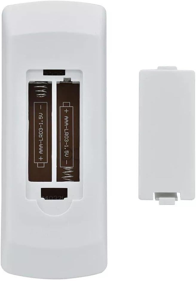 Back of the remote control with the battery compartment open, showing two AAA batteries being inserted.