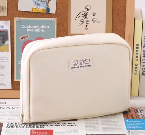 Image of Fcteap Pencil Case Pouch Box Cute Kawaii Large Capacity Aesthetic Zipper Pen Holder Organizer Bag for Office Workspace Supplies Desk Accessories Travel (Off-White)