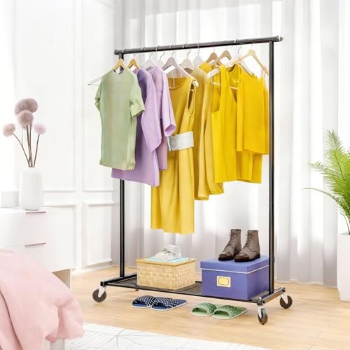 Image of Ekisemio Clothing Garment Rack on Wheels, Heavy Duty Clothes Organizer with Bottom Mesh Shelf for Hanging Clothes, Side with 2 Extend Hooks, Black