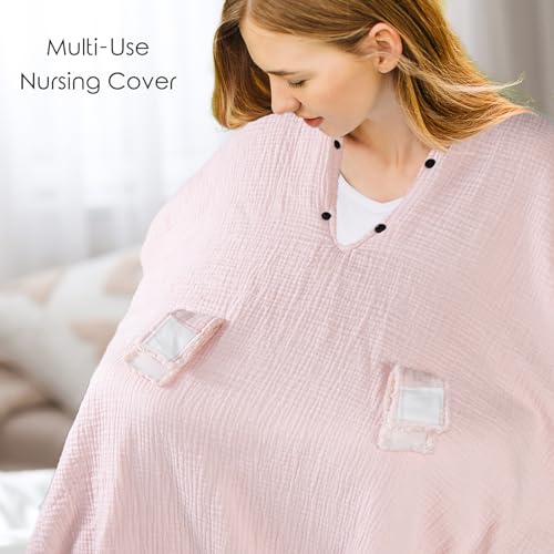 Image of Muslin Cotton Baby car seat Canopy Cover with Flannel for Winter,Multi-Use Mom Nursing Breastfeeding Cover,Flannel Blanket for Infant,Pink.