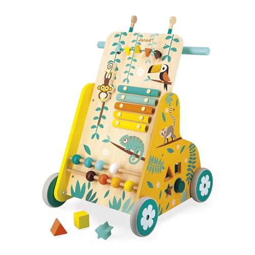 Janod - Chariot Multi-Activités Tropik - Chariot de Marche en Bois - Jouet Educatif 6 Activités - Roues Silencieuses et Ecrous Stop - Certifié FSC - Peinture à l'Eau - dès 1 An, J08269