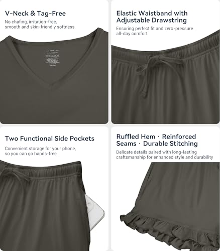 Image of WiWi Womens Pajamas Set Bamboo Viscose Super Soft Short Sleeve Top Ruffle Shorts Sleepwear Cooling Pj Sets S-XXL
